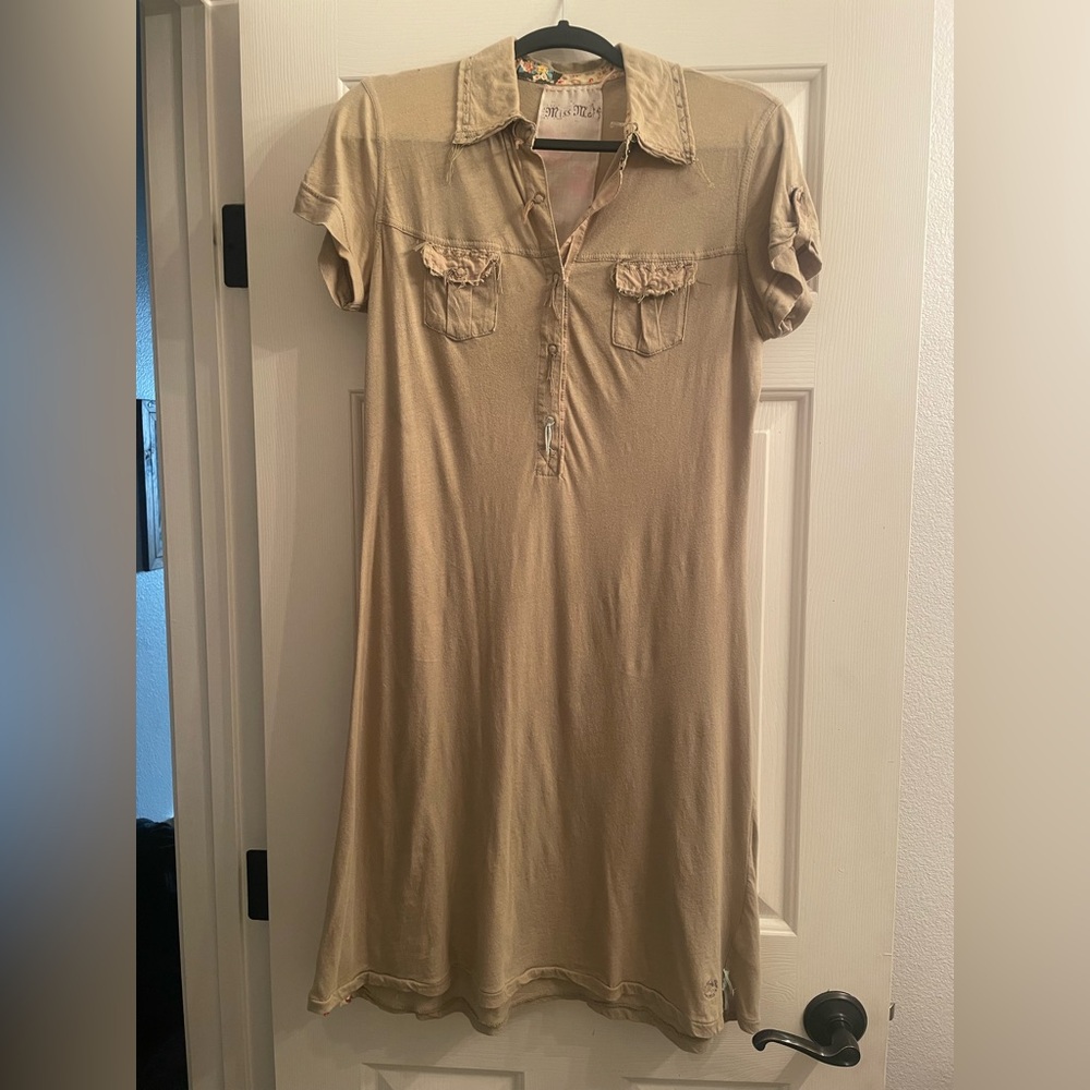 Miss Me Beige Shirt Dress with Floral Accents